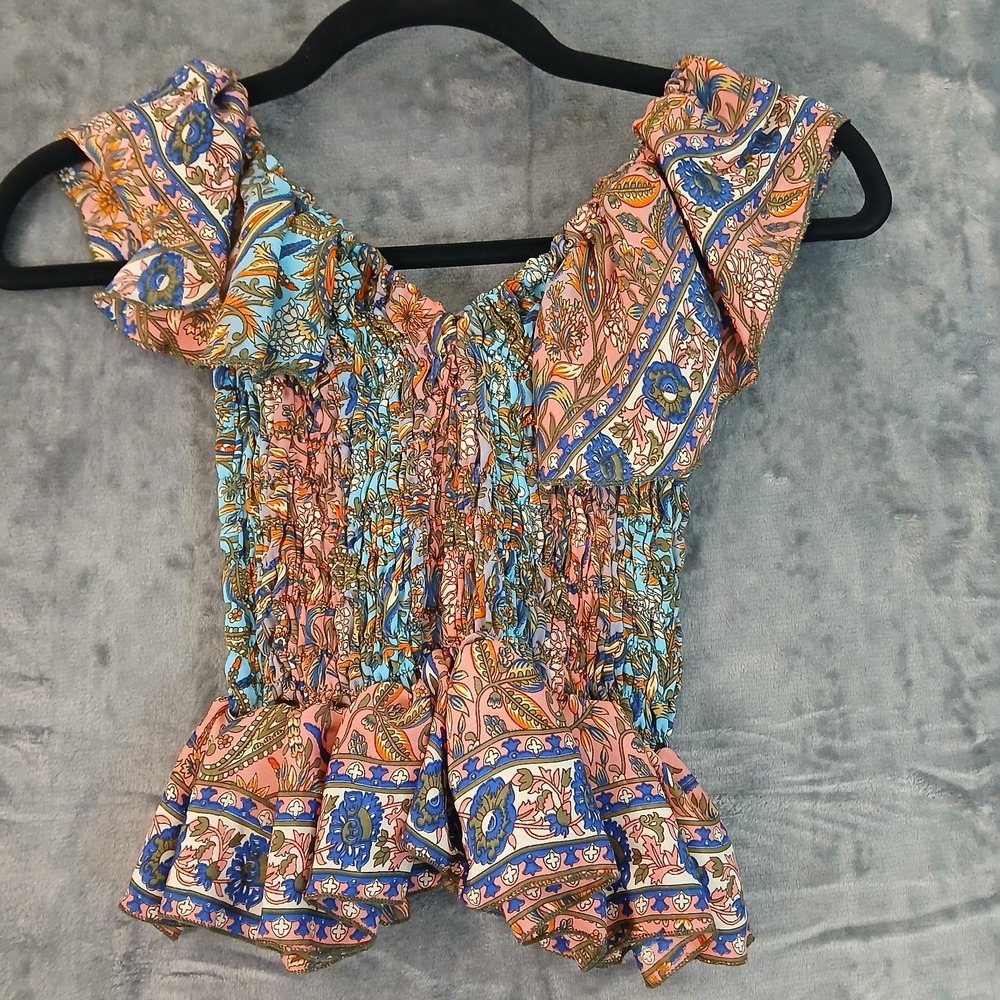 Jessica Taylor Top Womens Small Multicolor Silk Ruffle Hem Boho Floralâ Smocked